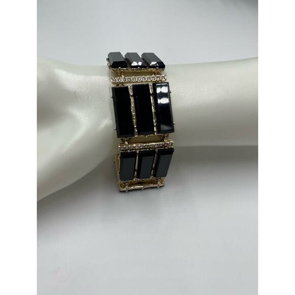 J. CREW Black Triple Row Lucite Rhinestone Brass Statement Bracelet - Picture 7 of 13